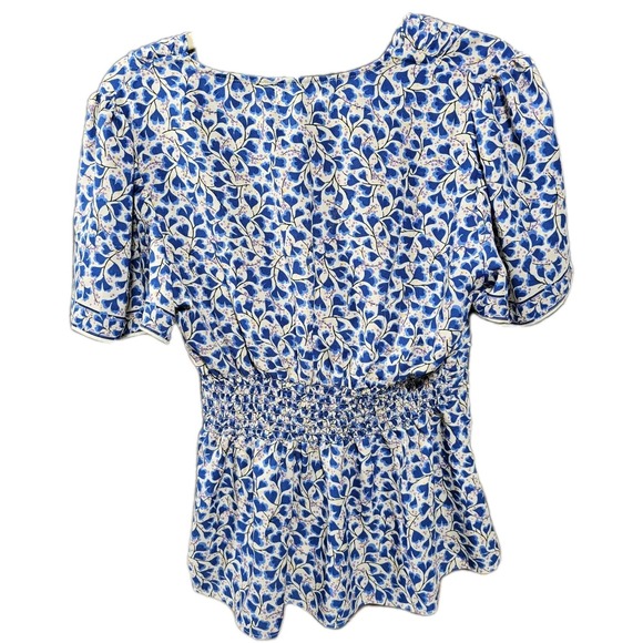 Max Studio Blue Floral Chic Blouse W Sz M Smocked Waist Knot Front NWT 2704D30 - Picture 3 of 8